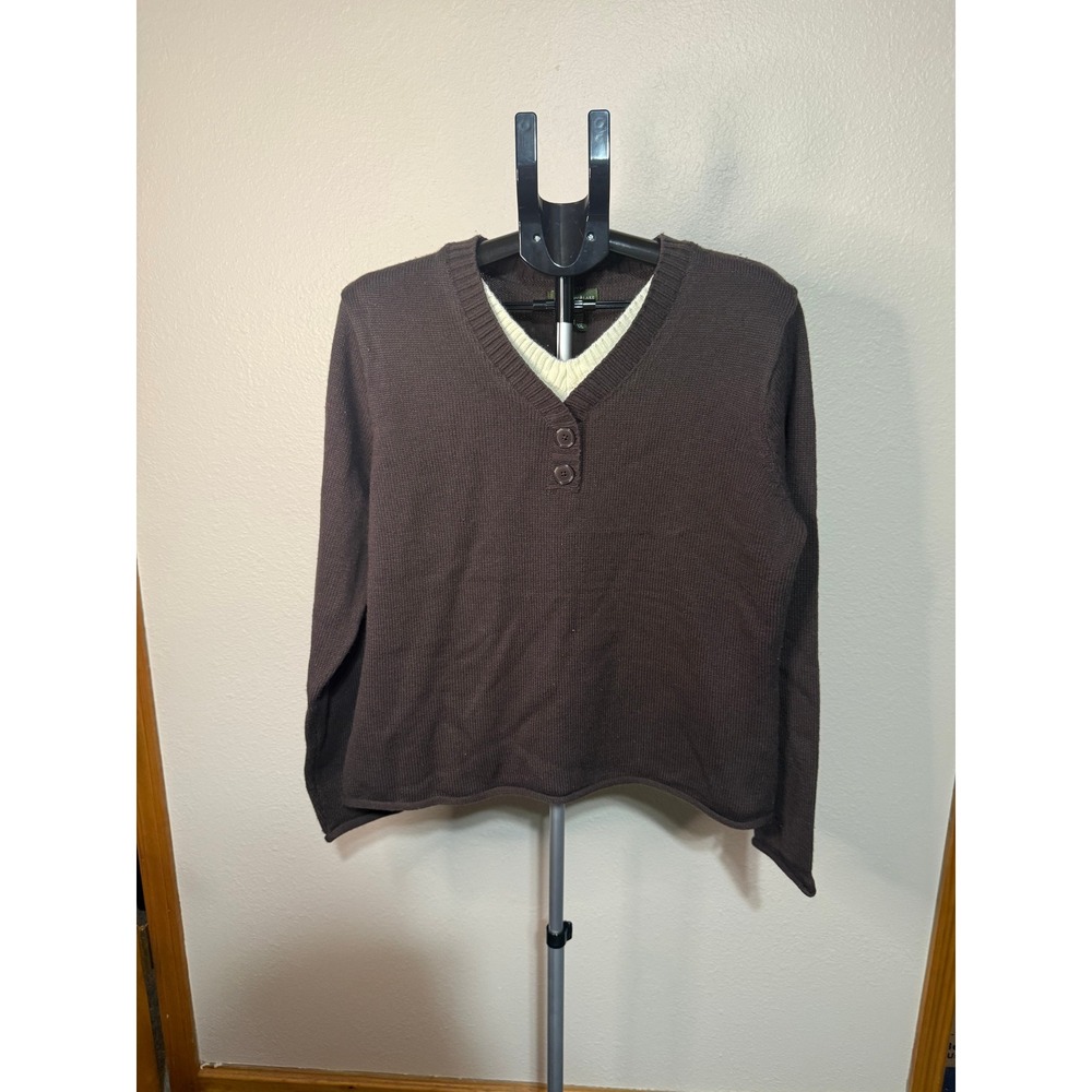 Mountain Lake Brown Faux Layered V-Neck Knit‎ Sweater Womens XL Long Sleeve